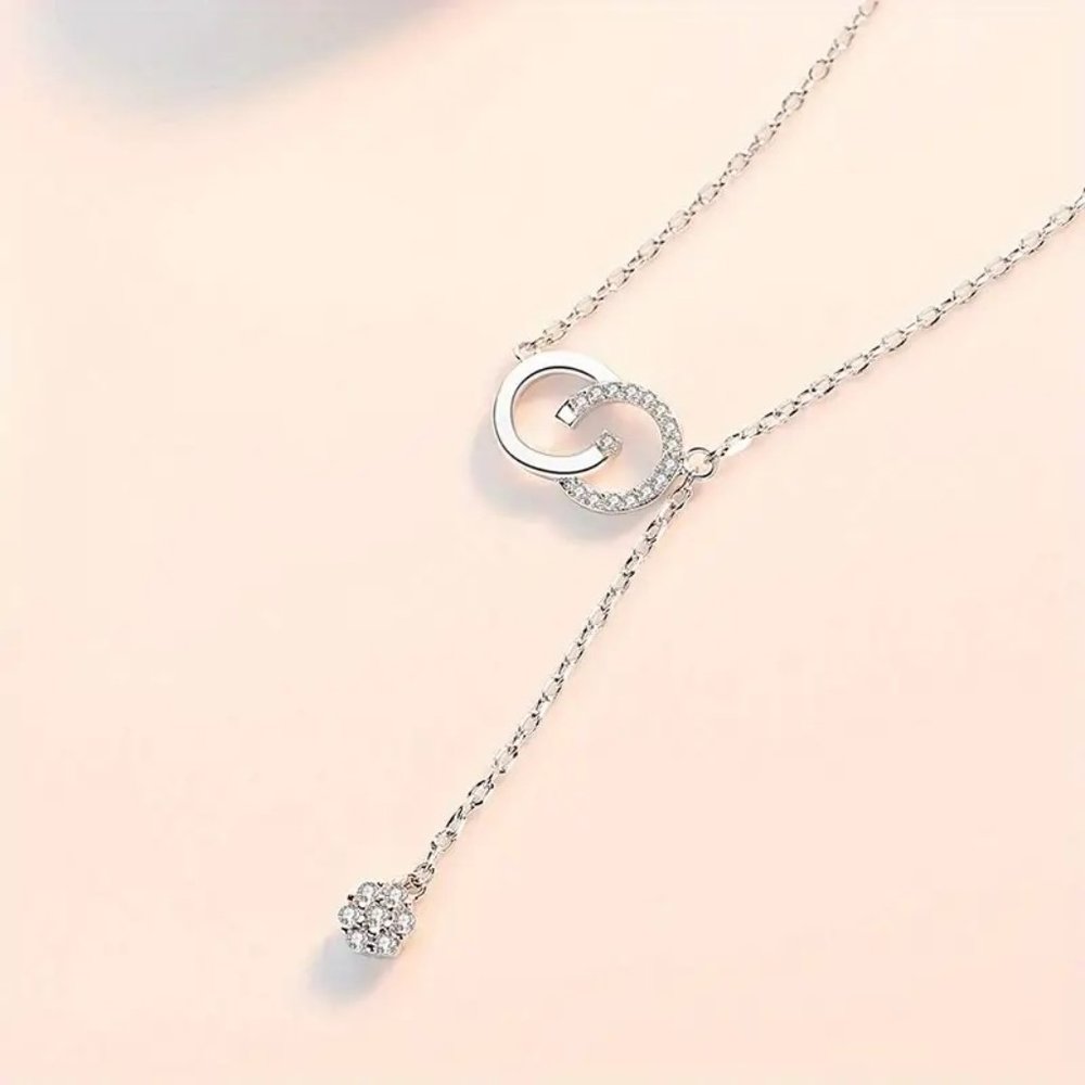 Love Double 925 Silver Plated Zircon Pendant Ladies Bridal Clavicle Necklace